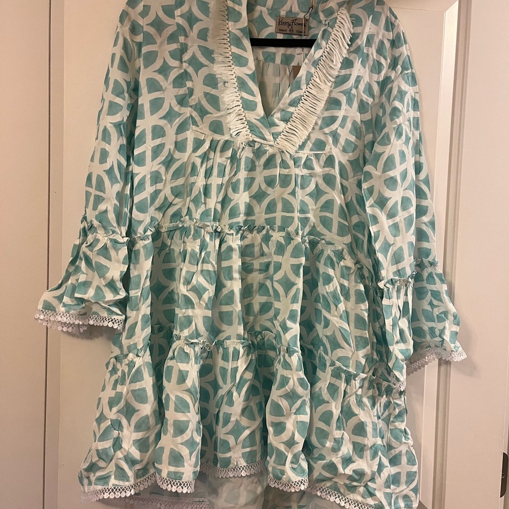 Kenny Flowers Green and White Pleated Sundress with Bell Sleeves